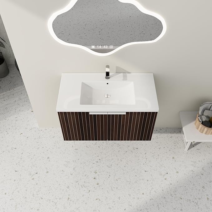 SSLine Wall Mounted Bathroom Vanity with Sink Combo Modern 36-Inch Single Bathroom Vanity Set with Top Basin &Storage Cabinet Wood Hanging Bath Cabinet w/Resin Sink for Small Space(Dark Brown Stripe)