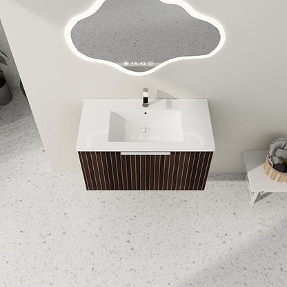 SSLine Wall Mounted Bathroom Vanity with Sink Combo Modern 36-Inch Single Bathroom Vanity Set with Top Basin &Storage Cabinet Wood Hanging Bath Cabinet w/Resin Sink for Small Space(Dark Brown Stripe)