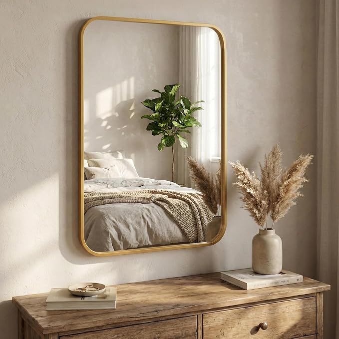24x36 Inch Antique Gold Rounded Rectangle Bathroom Vanity Mirror | For Over-Sink Bathrooms, Powder-Coated Iron Frame, Layered Shadow Box Look, Two-Way Mount, Protective Packaging