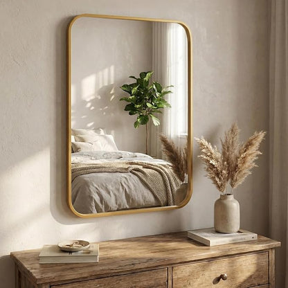 24x36 Inch Antique Gold Rounded Rectangle Bathroom Vanity Mirror | For Over-Sink Bathrooms, Powder-Coated Iron Frame, Layered Shadow Box Look, Two-Way Mount, Protective Packaging