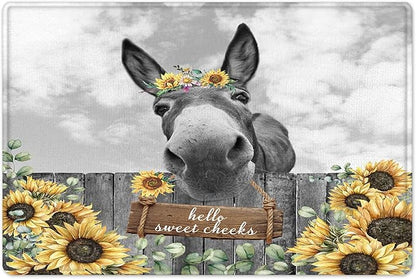 HVEST Farmhouse Donkey Shower Curtain with Bath Mat Rustic Vintage Sunflower Yellow Floral Bathroom Sets with Shower Curtain and Rugs Vintage Wood Shower Curtain with Hooks Bathroom Decor