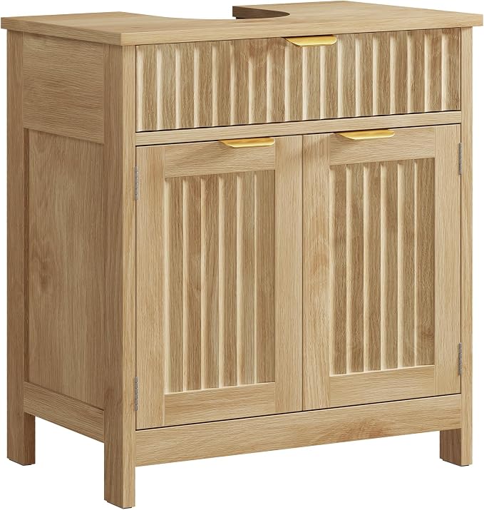 Pedestal Sink Storage Cabinet with 2 Doors and Drawer, Bathroom Sink Cabinet with U-Shape Cut-Out, Fluted Pedestal Sink Cabinet, Natural Oak