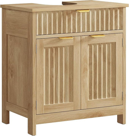 Pedestal Sink Storage Cabinet with 2 Doors and Drawer, Bathroom Sink Cabinet with U-Shape Cut-Out, Fluted Pedestal Sink Cabinet, Natural Oak