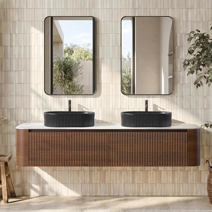72" Floating Bathroom Vanity with Double Black Sink, Walnut | Pre-Assembled Fluted Wall Mounted Vanity with Ceramic Sink, Sintered Stone Countertop, Soft-Close Drawers & Towel Rack