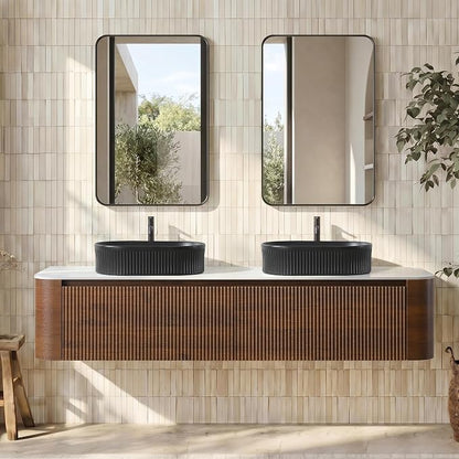 72" Floating Bathroom Vanity with Double Black Sink, Walnut | Pre-Assembled Fluted Wall Mounted Vanity with Ceramic Sink, Sintered Stone Countertop, Soft-Close Drawers & Towel Rack