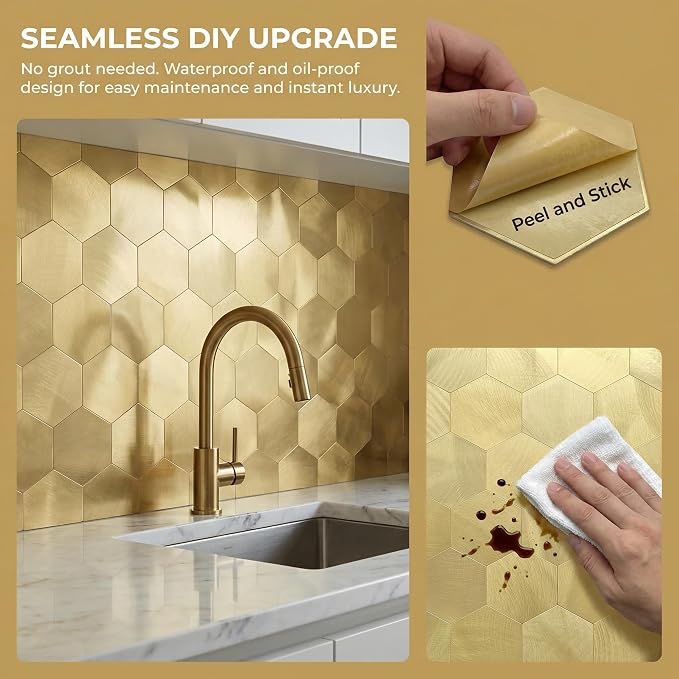 10pcs Peel & Stick Mosaic Wall Stickers - Waterproof/Anti-Skid/High Temp Resistant Decals, Multi-Purpose Removable Decoration for Kitchen Backsplash, Bathroom&Office (10, Golden)
