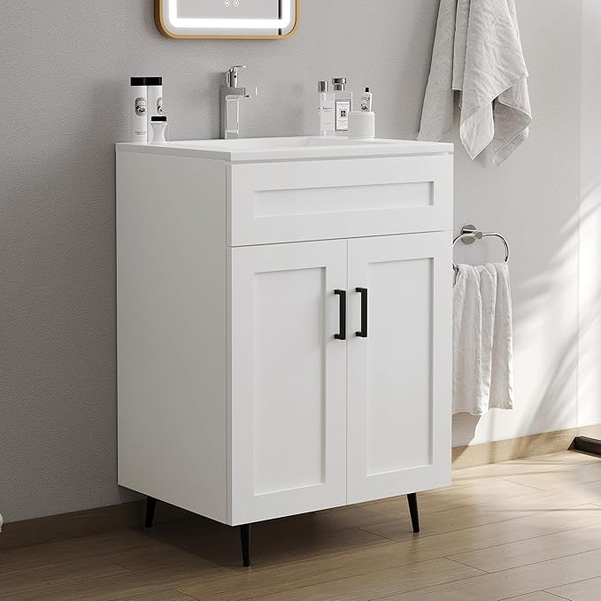 24 Inch Bathroom Vanity with Sink, Modern Wooden Freestanding Bathroom Storage Cabinet with 2 Doors and 1 Drawer, Metal Legs, Painted Surface, White