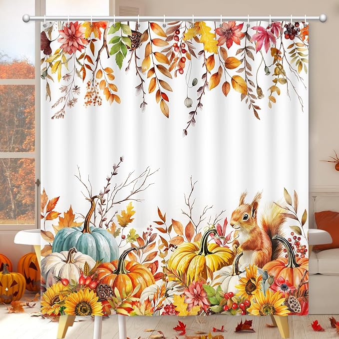 Fall Shower Curtain Harvest Pumpkin Squirrel Thanksgiving Shower Curtain Autumn Maple Leaves Sunflowers shower curtains for Bathroom Waterproof Machine Washable Home Farmhouse Decor Bath Curtains