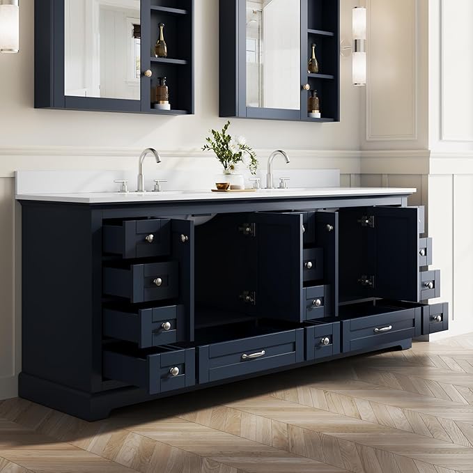 WELLFOR 84 Inch Bathroom Vanity with Double Sinks, Bathroom Freestanding Vanity W/4 Soft-Close Doors and 14 Drawers, Large Storage Space Vanity, Cultured Marble Countertop Vanities (Navy Blue)