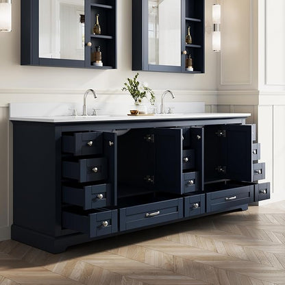 WELLFOR 84 Inch Bathroom Vanity with Double Sinks, Bathroom Freestanding Vanity W/4 Soft-Close Doors and 14 Drawers, Large Storage Space Vanity, Cultured Marble Countertop Vanities (Navy Blue)
