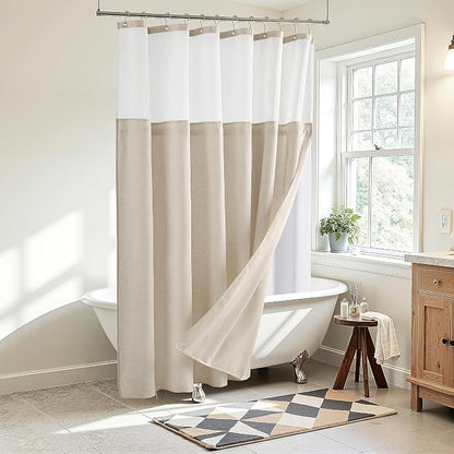 Linen Shower Curtain 78 Inch for Bathroom Beige White Double Layer | Curtains with Hook, Snap in Liner, Water Repellent, Boho Farmhouse, Modern Bath Decor, 1 Panel, 72x78