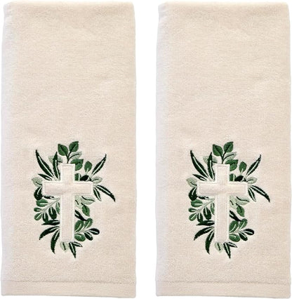 SKL Home Cross with Greenery Hand Towel Set-2pc, Embroidered, Natural | 100% Cotton. Soft, decorative velour. For use in the bathroom, kitchen, or any sink space & makes a great gift.