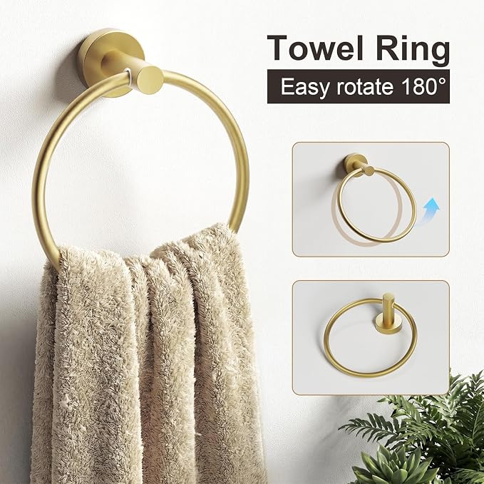 Brushed Gold Bathroom Accessories Set, 6 Pieces Bathroom Hardware Set Gold Bathroom Set, 24 Inch Towel Racks for Bathroom, SUS304 Stainless Steel Bath Towel Bar Set Toilet Paper Holder Wall Mounted
