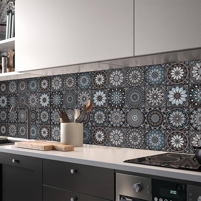 6X6 in Mandala Tile Stickers,12Pcs Wall Tile Decals | 1.6mm-Thick Foam+PE Tiles,Self Adhesive Backsplash Tile,Waterproof Removable Wall Decor for Kitchen,Bathroom