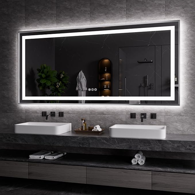 LED Bathroom Mirror 77"X36", Front Light and Backlit(Brushed Silver) | Metal Framed Mirror, Stepless Dimmable, Anti-Fog, HD Reflection, Shatter-Proof, Memory, 3 Colors, Double LED Vanity Mirror.