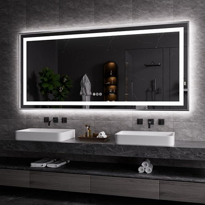LED Bathroom Mirror 77"X36", Front Light and Backlit(Brushed Silver) | Metal Framed Mirror, Stepless Dimmable, Anti-Fog, HD Reflection, Shatter-Proof, Memory, 3 Colors, Double LED Vanity Mirror.
