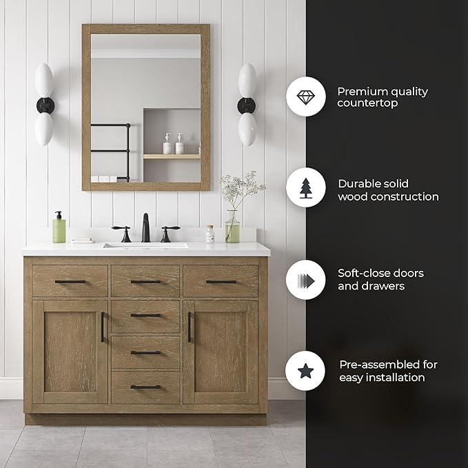 OVE Decors Bailey 48 in. Single Sink Freestanding Driftwood Oak Bathroom Vanity with White Quartz Top, Matching Backsplash and Power Bar