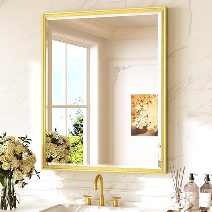Keonjinn 30" x 36" Gold Bathroom Mirror, HD Tempered Glass, Aluminum Alloy | Effortless French Cleat Installation, Vertical/Horizontal, Rustproof, Metal Framed Gold Vanity Mirror, Fireplace Wall Decor