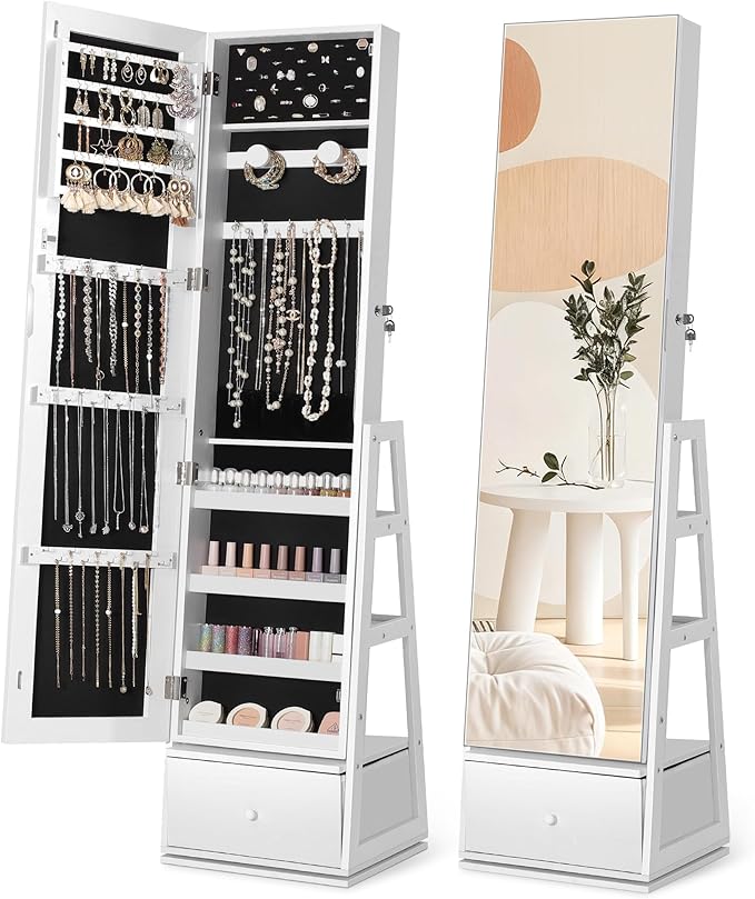 Nicetree 360° Swivel Jewelry Cabinet, Full Length Mirror, Lockable | Rotatable Jewelry Armoire Organizer, Standing Mirror with Storage, 3 Rear Shelves + Bottom Drawer, Gift Idea, Pure White