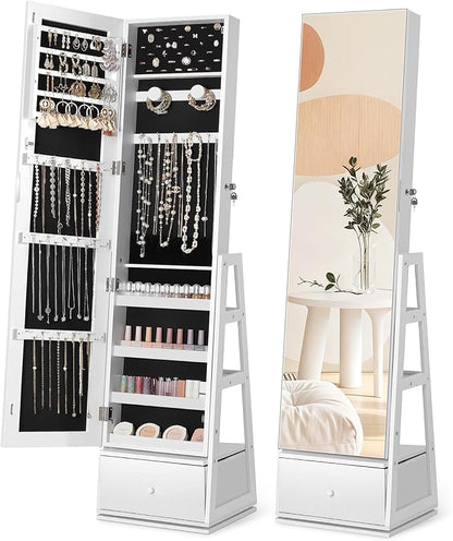 Nicetree 360° Swivel Jewelry Cabinet, Full Length Mirror, Lockable | Rotatable Jewelry Armoire Organizer, Standing Mirror with Storage, 3 Rear Shelves + Bottom Drawer, Gift Idea, Pure White