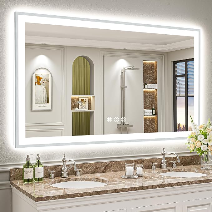 68x38 Inch Brushed Nickel LED Bathroom Mirror, Backlit & Front Lit | Silver Framed Anti-Fog Lighted Vanity Mirror with Lights, 3 Color Dimmable, Memory, HD Tempered Glass, CRI95, IP54, UL Listed