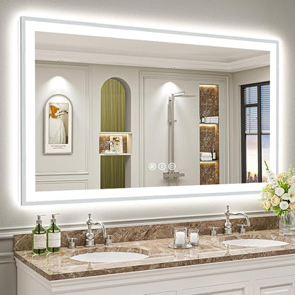 68x38 Inch Brushed Nickel LED Bathroom Mirror, Backlit & Front Lit | Silver Framed Anti-Fog Lighted Vanity Mirror with Lights, 3 Color Dimmable, Memory, HD Tempered Glass, CRI95, IP54, UL Listed