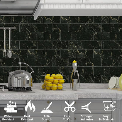 URCOLOR 32-Piece Peel and Stick Backsplash Wall Tile, 4"x 8" PVC Glossy Black Gold Marble Stick on Subway Tiles for Kitchen, Bathroom, Laundry Room, Camper, Fireplace