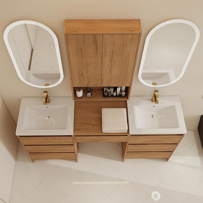 72" Bathroom Vanity Set, 72 Inch Modern Freestanding Vanity with 7 Drawers and Storage Cabinets, Double Resin Sink Floor Stand Cabinet Set Imitative Oak