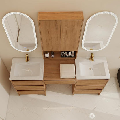 72" Bathroom Vanity Set, 72 Inch Modern Freestanding Vanity with 7 Drawers and Storage Cabinets, Double Resin Sink Floor Stand Cabinet Set Imitative Oak