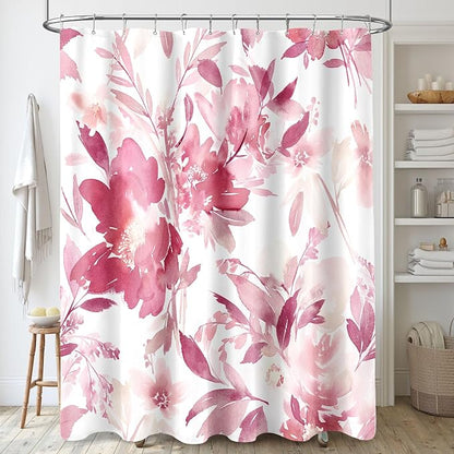 MAYZUS Long Shower Curtain 72x78 Inch, Tall Watercolor Pink Floral Decor | Hot Pink Modern Abstract Flower Bathroom Fabric Shower Curtain Set with Hooks