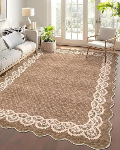 GarveeHome Washable Scalloped Rug 9x12 Area Rugs, Modern Neutral Living Room Rugs, Large Washable Farmhouse Carpet Abstract Bordered Carpet for Bedroom Apartment Table Dorm Nursery, Brown