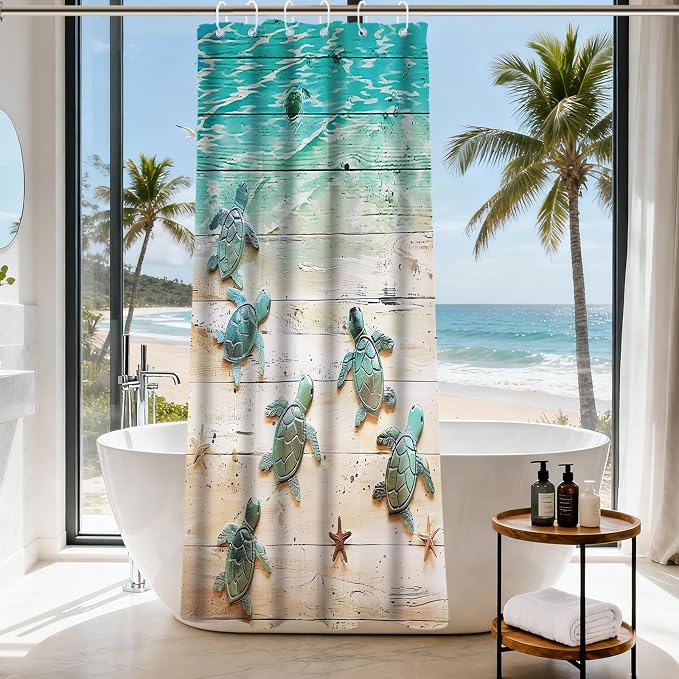 Cute Ocean Kids Shower Curtain, Beach Nautical Tropical Sea Turtle Shower Curtains for Bathroom, Waterproof Bath Curtain with Hooks Machine Washable Bathtub Curtains 36x72 Inch Blue Green