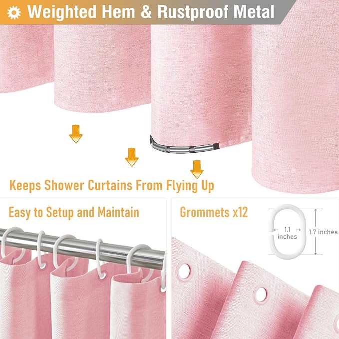 Long Linen Textured Waterproof Thick Shower Curtain Set, 72x84, Pink | Tall Size, 230GSM Polyester, Heavy Duty Cloth, Weighted Hem, 12 Plastic Hooks, Modern Luxury Hotel Style, Machine Washable