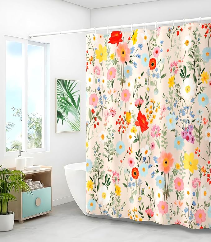 Shower Curtain for Bathroom Stall Boho Modern Cute Aesthetic Decorative Girly Waterproof Unique Yellow Floral Girls Chic Print Design Teen Pretty Women Cortinas de Baño Bathtub 72 x72 Inch