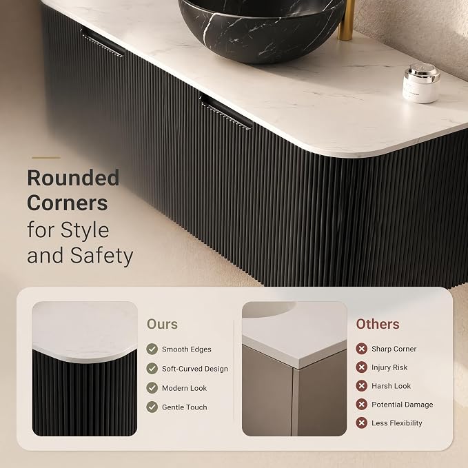 48 Inch Bathroom Vanity with Sink, Floating Wall Mounted Single Sink Vanity, Black Curved Fluted Front, Stone Top, Black Marble Vessel Basin, Pre-Assembled