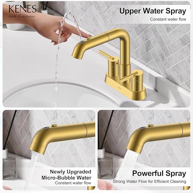 KENES Pull Down Bathroom Faucet with Sprayer, Brushed Gold 4 Inch 2 Handle Centerset Bathroom Faucet 3 Hole with Pull Out Sprayer, Vanity Faucet with Pop Up Drain & Supply Lines LJ-9059A-4