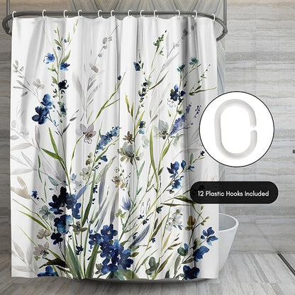 Americanflat 71x74 Floral Shower Curtain - Water-Resistant Long Shower Curtain with Durable Metal Grommets and 12 Hooks - 100% Polyester - Botanical Bathroom Curtains - Blue, Green, Taupe and White