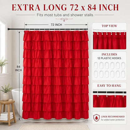 Red Ruffle Shower Curtain for Bathroom, 72x84, Christmas Bathroom Decor | Rich Red Ruffles, 84in, 12 Hooks Included, Machine Washable, Solid Soft Microfiber Fabric, Boho Textured Style,Holiday Accent