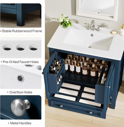 Tribesigns 30" Bathroom Vanity with Sink, Freestanding Bathroom Vanities Cabinet with Ceramic Basin Combo, Bathroom Sink Cabinet with 2 Doors and 1 Drawer, Solid Wooden Frame (Misty Blue, 30 INCH)