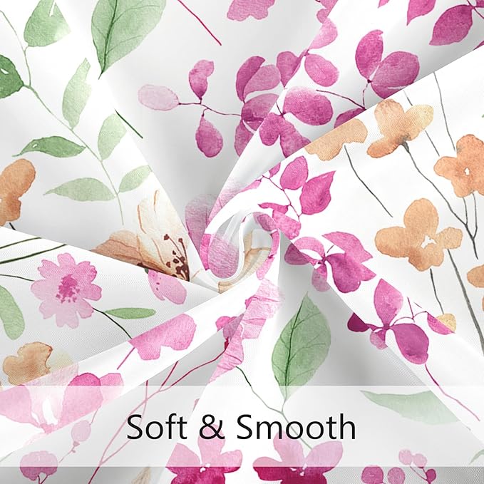 Pink Green Floral Shower Curtain, Cute Flower Fabric Shower Curtains for Bathroom, Watercolor Wildflower Butterfly Cloth Shower Curtain Set with Hooks, 72x72