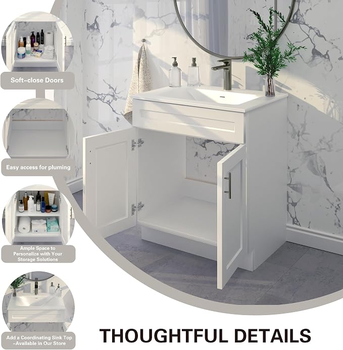 36" White Shaker Bathroom Vanity Base – Ready-to-Assemble Sink Cabinet, Freestanding Bathroom Vanity Base Only, No Top or Sink