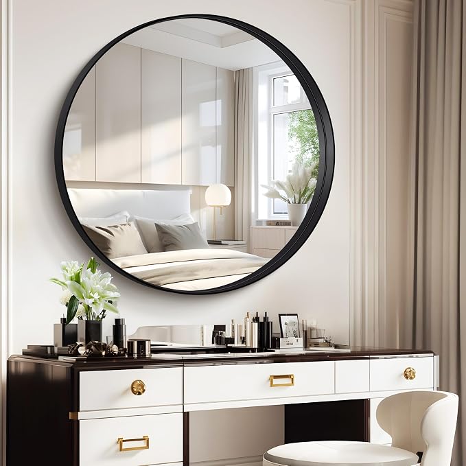 Black Round Mirror 32 inch Deep Frame Circle Mirror, Metal Framed Bathroom Mirror, Round Vanity Mirror, Circle Mirrors for Wall Entryway Bedroom Living Room Hallway