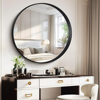 Black Round Mirror 32 inch Deep Frame Circle Mirror, Metal Framed Bathroom Mirror, Round Vanity Mirror, Circle Mirrors for Wall Entryway Bedroom Living Room Hallway