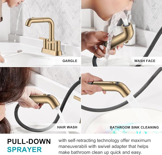 Champagne Bronze Pull Down Centerset Bathroom Faucet 3 Hole 2 Handle | Pull Out Bathroom Faucet with Pop Up Drain & Supply Lines, Lead-Free cUPC & NSF Certified, 4 Inch Faucet for Vanity RV Sink