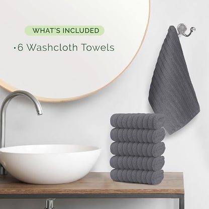 Elegant Comfort 100% Turkish Cotton Corduroy Ribbed Luxury Washcloths 6 Pack Soft 13 x 13 Inch - Higly Absorbent, Durable, Quick Dry, Spa Premium Hotel Quality for Bathroom or Travel, Gray