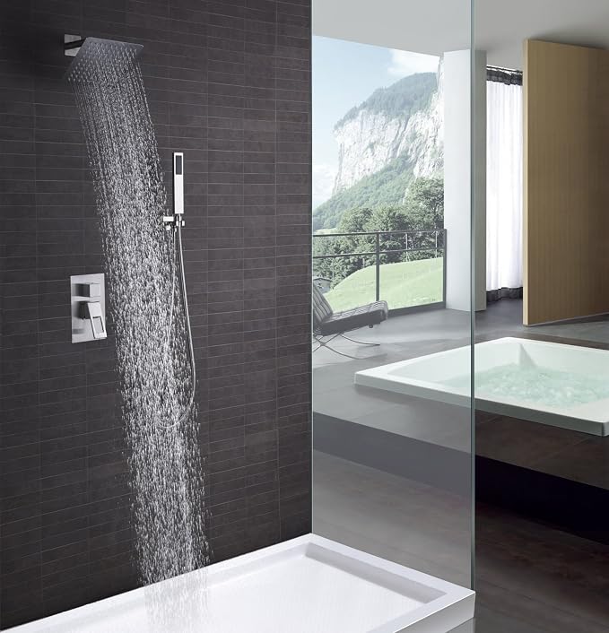 SUMERAIN Bathroom Shower Faucet System Brushed Nickel | Brass Rough-in Valve Included, 8" Stainless Steel Rain Shower Head, Brass Hand Shower, Hand Shower, Concealed Box Design