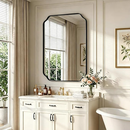 32"x24" Black Wall Bathroom Mirror, Scalloped Edge Vanity Mirror | Hangs Vertically/Horizontally, Wooden Frame Decorative Mirror, For Vanity, Bedroom & Entryway, Aesthetic Bathroom Decor