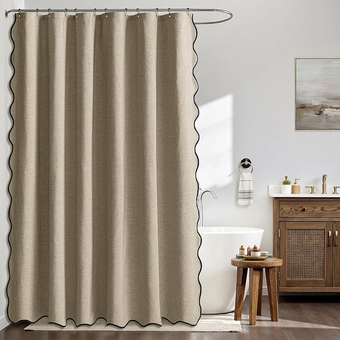 MIULEE Khaki Scalloped Linen Shower Curtain 72x72 Inches | Linen Textured, Waterproof, Washable, 12 Metal Hooks, Heavy Duty Cloth, Black Border, Shower Curtain for Bathroom Bathtub