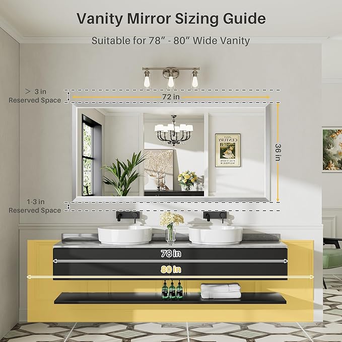 72x36 Inch Brushed Silver Bathroom Mirror for Wall, Thick Metal Framed Rectangle Mirrors for Over Sink, Bedroom, Living Room, Entryway, Anti-Rust, HD Tempered Glass