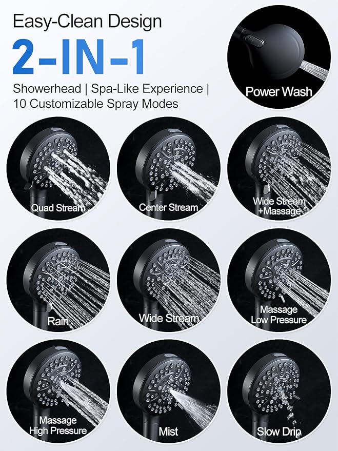 Woindo Shower Faucet Set with Slide Bar, 12" Rain Shower Head/8'' Side Shower Head and 10 Setting Handheld Ceiling Mount 3 Push Button Diverter Complete Rainfall Shower System Included Valve Trim Kit